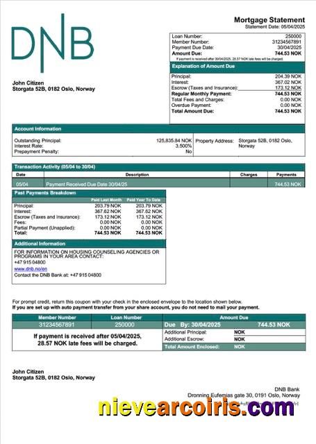 Norway DNB Bank mortgage statement Word and PDF template